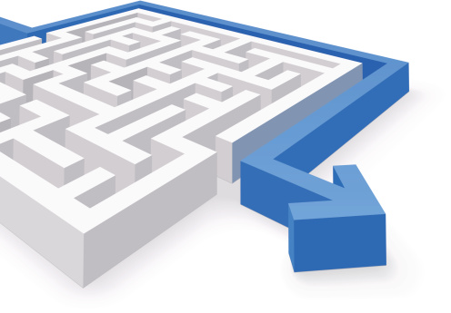 Maze puzzle wise and easy strategy - business concept. Puzzle solved by blue arrow. Vector Illustration. 