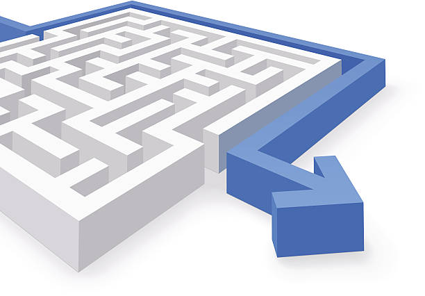 Maze Simple Solution Maze puzzle wise and easy strategy - business concept. Puzzle solved by blue arrow. Vector Illustration. maze road street confusion stock illustrations