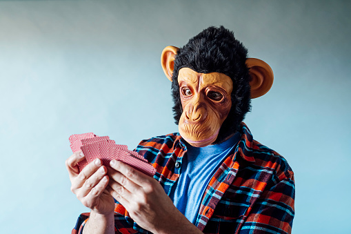 Man wearing monkey mask and holding poker playing cards on blue background.