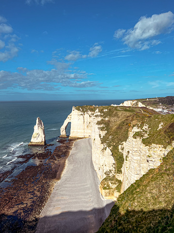 View of Etretat white cliffs in Normandy, France