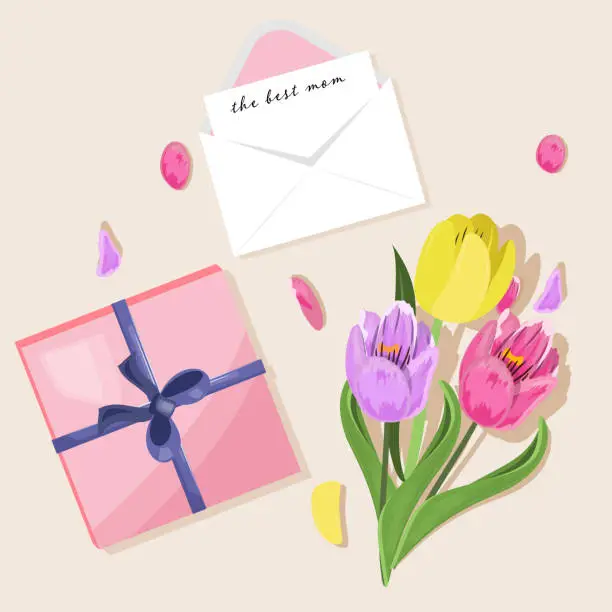 Vector illustration of Group of items for  Happy Mother's Day. Tulips, gift box and envelope.