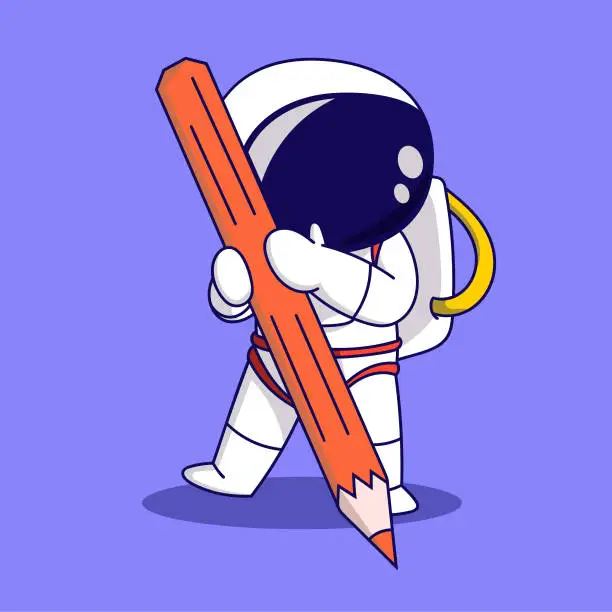 Vector illustration of Astronaut Holding Pencil - Cute Cartoon Astronaut Vector Character