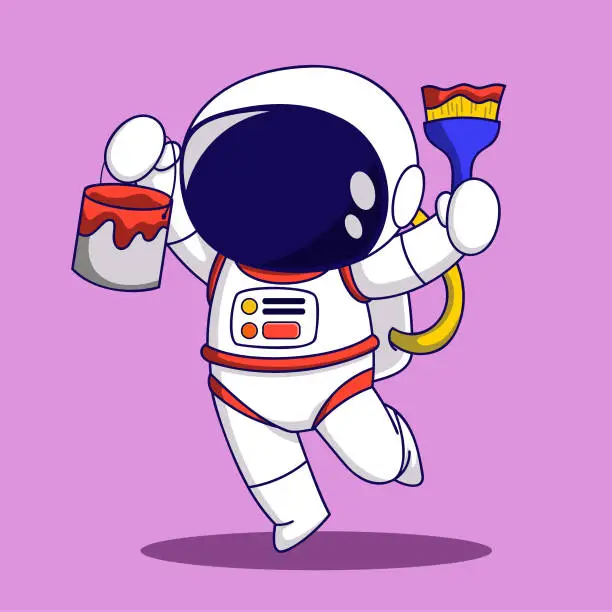 Vector illustration of Cute Astronaut painter cartoon character vector illustration. Cute astronaut with paint can and brush