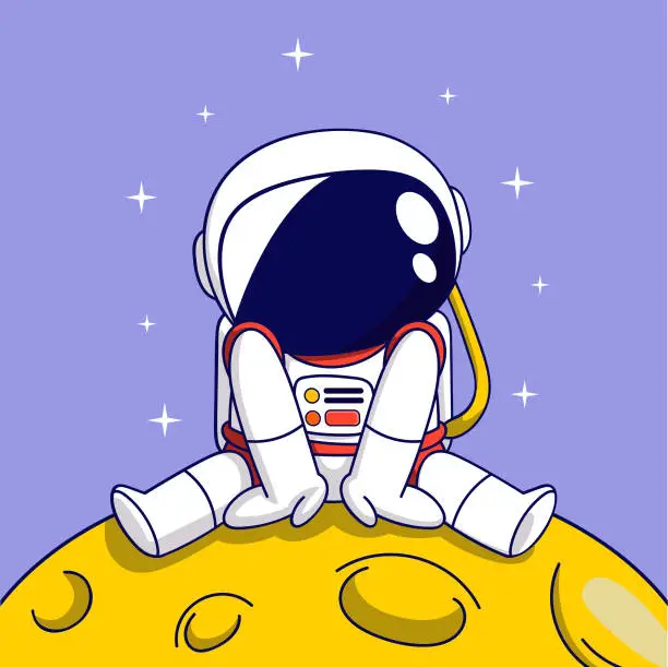 Vector illustration of Cute Cartoon astronaut sitting on the moon over purple background. colorful design. vector illustration