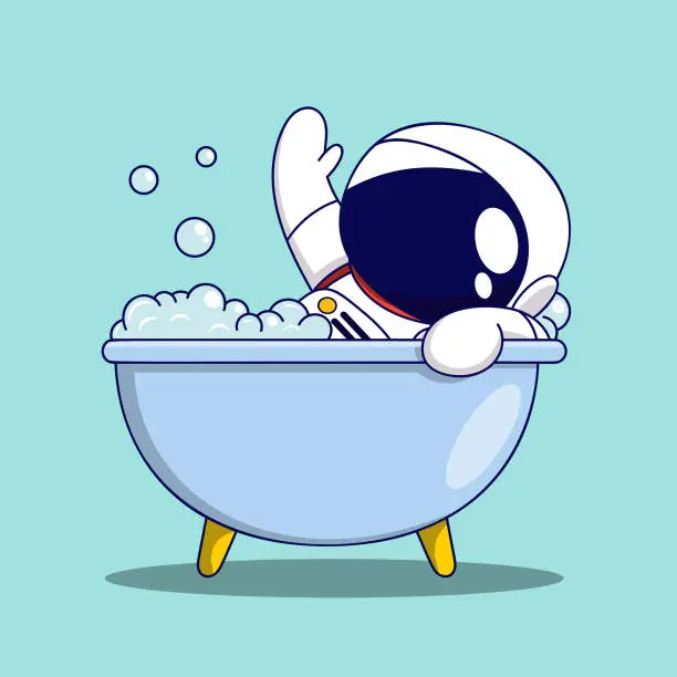Vector illustration of Cute Cartoon Astronaut taking a bath. Vector illustration in cartoon style.