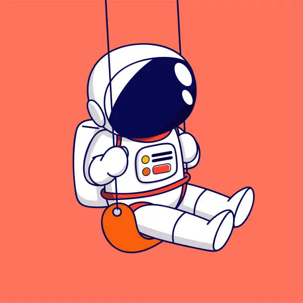 Vector illustration of Cute Cartoon Astronaut on a rope swing. Cute cartoon character. Vector illustration