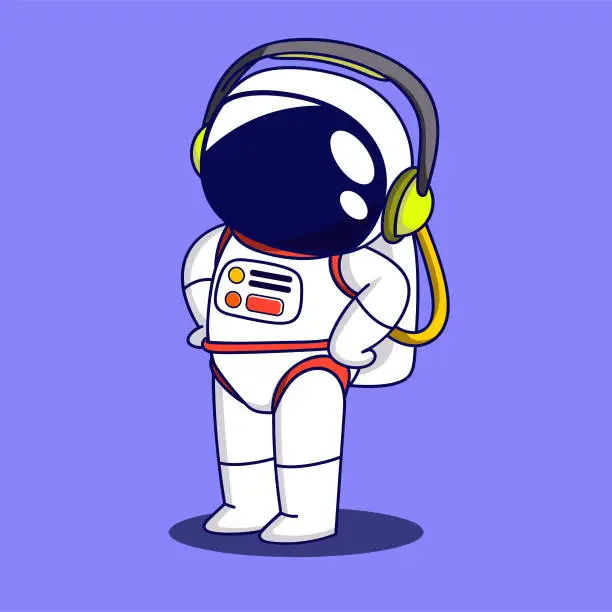 Vector illustration of Cute Cartoon Astronaut listening music with Headphone. Astronaut character in space suit. Vector illustration