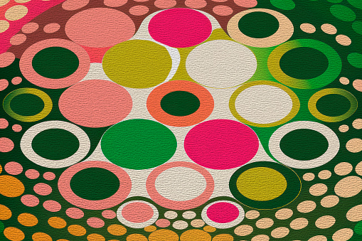 Retro wallpaper in 70s style with colorful multicolored circles. Vintage geometric pattern