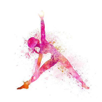 Female in yoga pose with a hand painted watercolour splatter design