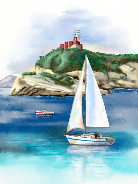 ilustrações, clipart, desenhos animados e ícones de paisagem marítima com vela e farol - illustration and painting stone beach cliff
