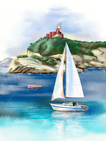 Seascape with sail and lighthouse. Digital watercolor.