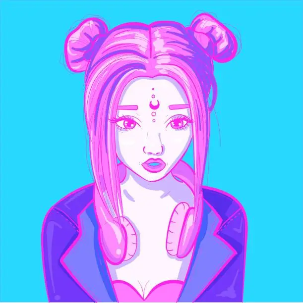 Vector illustration of Digital art of a cyber neon woman in a leather jacket and a pair of headphones. Scifi synthwave girl with pink and blue colors.