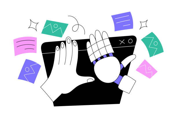 하이파이브 제스처, 인간의 손이 로봇 손에 5개를 주고, 인공 지능이 텍스트, 이미지, 인간을 위한 예술 작품, 벡터 일러스트레이션을 만듭니다 - chat gpt stock illustrations