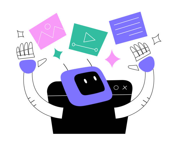 ai는 이미지, 텍스트 및 비디오, 컴퓨터 화면에 손을 뻗는 귀여운 로봇, 파일 아이콘, 벡터 일러스트레이션을 생성합니다 - chat gpt stock illustrations