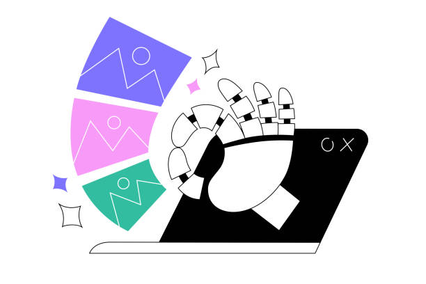 AI creating lots of images, artificial intelligence program generates photos, artworks, robot hands holds and gives files, vector illustration AI service generates images, Robot hand reaching out of laptop screen, android hand shows Okay gesture, artificial intelligence service creates lots of artwork, photos, vector illustration isolated robot-hand-reaching stock illustrations