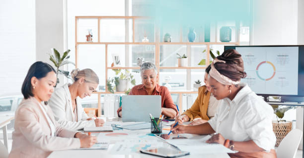 istock Writing, teamwork or business people in meeting with notebook for company creative idea, strategy review or brainstorming in office. Startup women group for SEO schedule or planning calendar research 1483829374