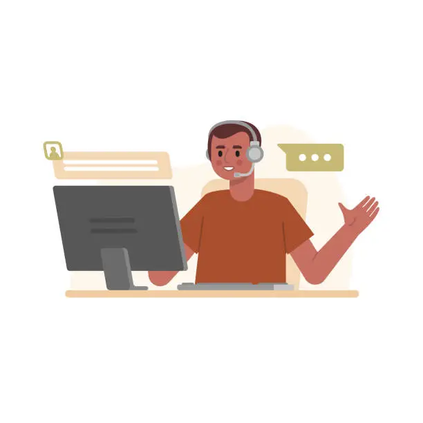 Vector illustration of Call center operator job. Male character with headset answers cal