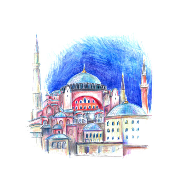 Istanbul city landmark Hagia Sophia sketch Istanbul city landmark Hagia Sophia sketch. Ancient mosque colorful illustration. byzantine icon stock illustrations