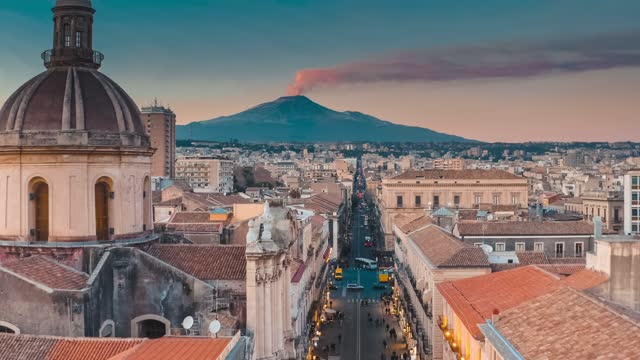 Aerial view & drone view of Catania cityscape and Mount Etna.