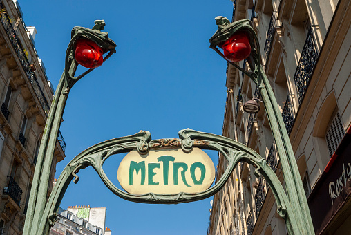 Paris, France, Detail Metro Sign, Outside on Street, Reaumur-Sebastopol Subway Station, Art Nouveau Design: Hector Guimard