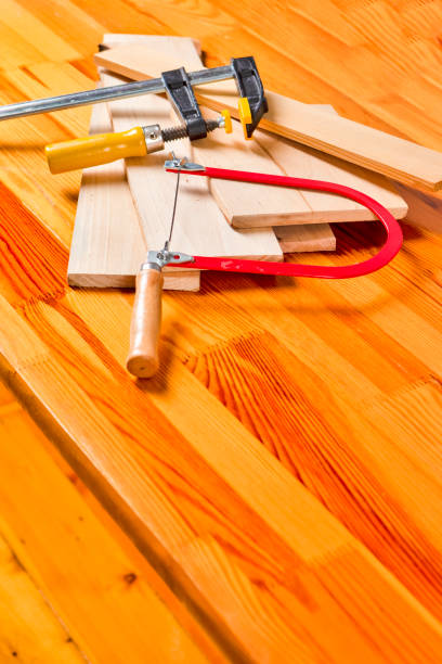 istock Variety of Separate Lineup of Assorted Working Tools on Wood Material. Horizontal Image Orientation 1483835741
