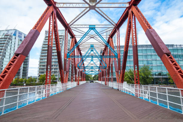 Iron Bridge Salford Quays Manchester The Red Bridge at Salford Quays in Manchester, UK, ironbridge shropshire stock pictures, royalty-free photos & images