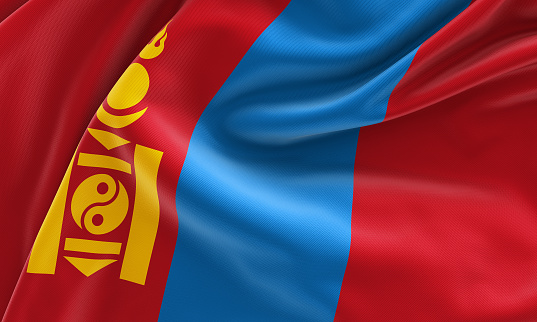 Mongolia flag, from fabric satin, 3d illustration