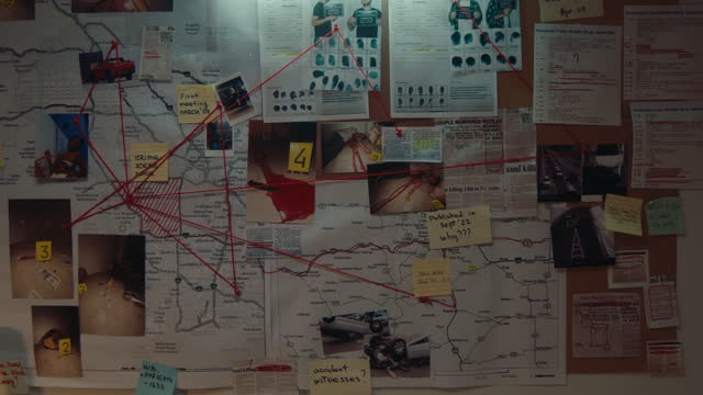 Detective Board with Clues, Maps and Photos Connected by Red Thread