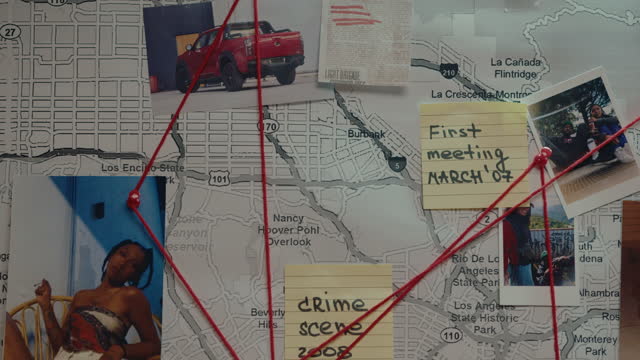 Investigation Board with Photos, Map and Clues Connected by Red String