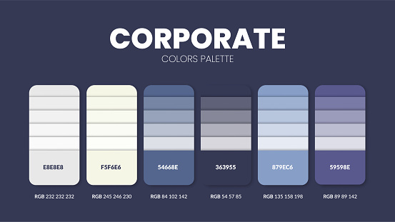 Color palette guide in Corporate colour theme collection. Color inspiration or colour chart with codes template. Color combination set of RGB. Colors swatch for graphic design, art, fashion or website