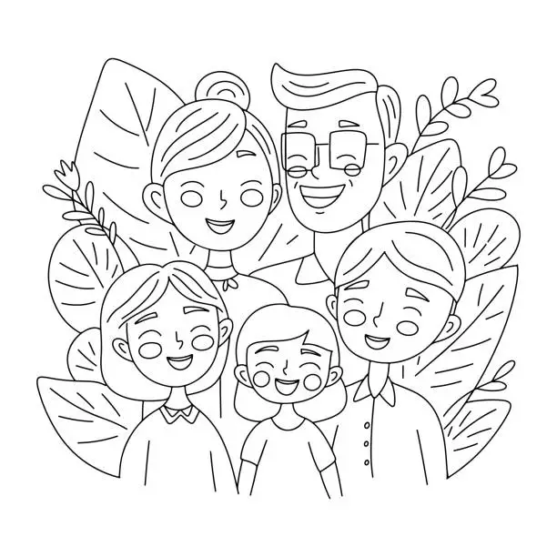 Vector illustration of Asian American family portrait - mother, father and three kids. Cute smiling people, characters for AAPI month. Simple hand drawn contour line  doodle drawing. Black and white coloring page.