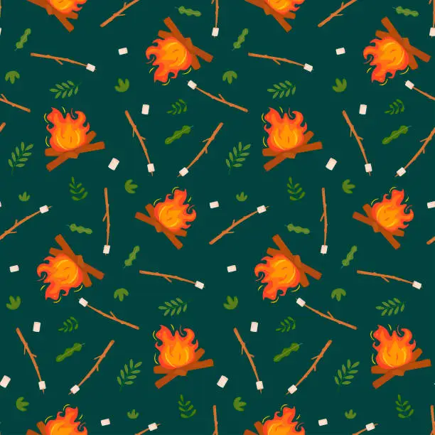 Vector illustration of Seamless pattern with bonfires and marshmallows. Campfire. A blazing red-yellow flame. Sweets on sticks for baking on fire. Vector illustration in a flat style.