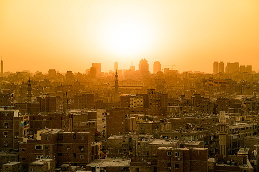 Sunset behind the city downtown, view from the Al-Azhar Park