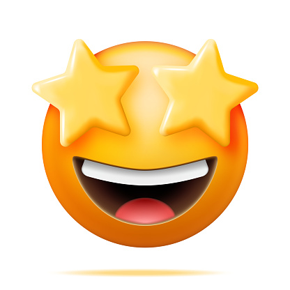 3D Yellow Excited Starry Eyed Emoticon Isolated. Render Laughing Star Shaped Eyes Emoji. Happy Face LOL. Communication, Web, Social Network Media, App Button. Realistic Vector Illustration