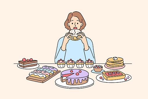 Woman sitting at desk eating many desserts and cakes. Unhappy girl overeating sweet cupcakes and sugar food. Gluttony and overeating. Vector illustration.