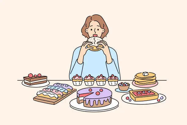 Vector illustration of Woman sit at table eating numerous desserts