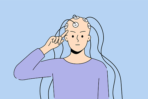 Bald person with electrodes connected to head engaged in neuroscience research. Patient having brain testing with EEG. Neurology and science. Vector illustration.