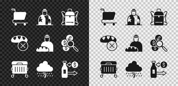 Set Shopping cart Homeless Hiking backpack Trash can Cloud with rain Reception of glass bottles Donation food and Feeding the homeless icon. Vector.