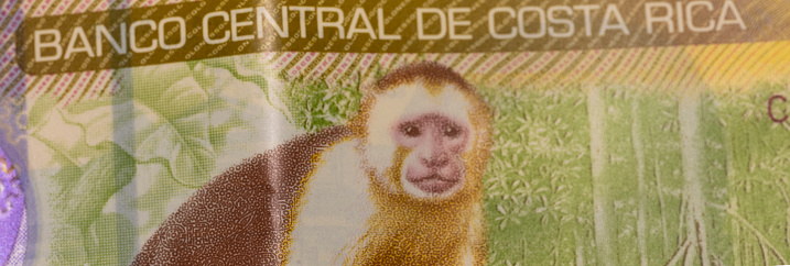 Costa Rican 5000 Colon note still life background.