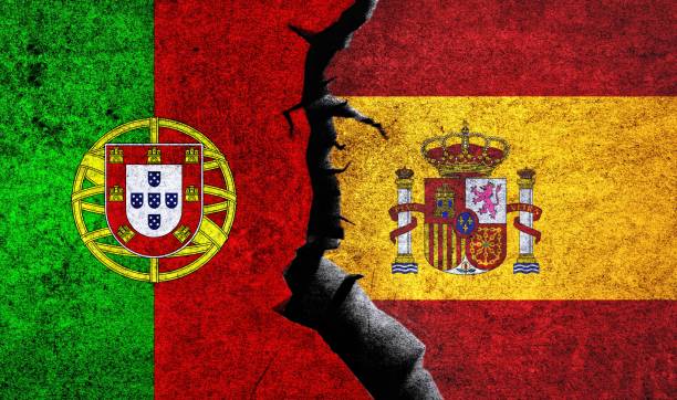 istock Diplomatic relation between Spain Portugal. Portugal Spain flag together. 1483857587