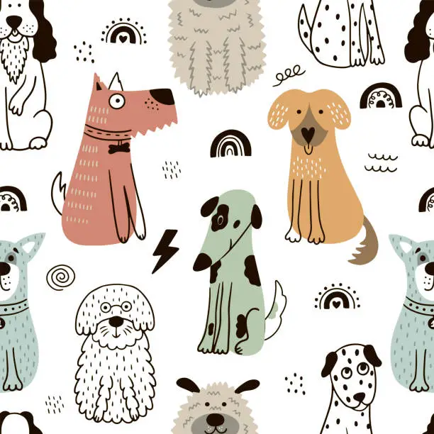 Vector illustration of Nursery seamless pattern with cute dogs.