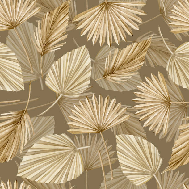 istock Palm Leaves seamless Pattern. Hand drawn watercolor illustration with dried tropical plants in boho style on dark brown background. Bohemian floral ornament for wallpaper, textile design or print 1483859548
