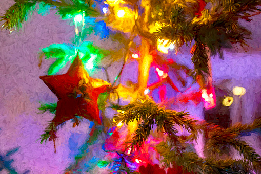 Close-up of Christmas decorations on a Christmas tree.