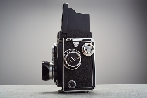 Vintage twin lens reflex (TLR) medium format camera with waist level finder