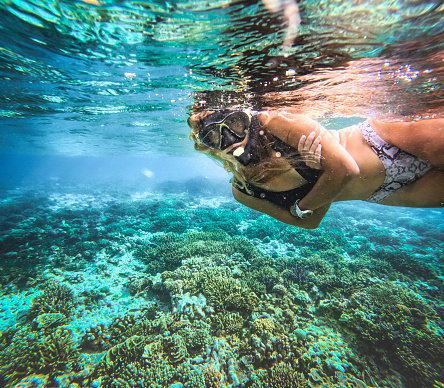 Young woman snorkeling in deep waters around coral reefs in Bali Indonesia