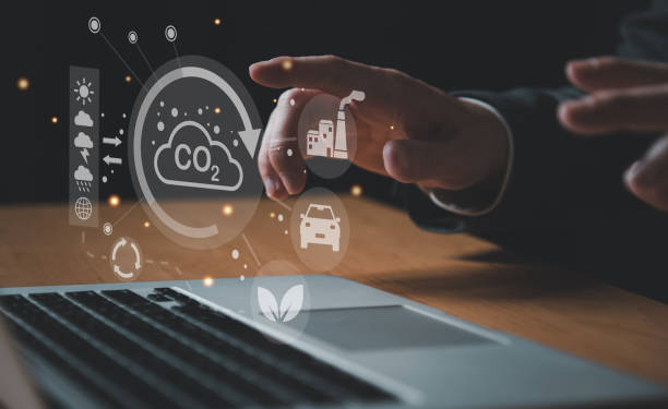istock Entrepreneur hand point at digital screen dashboard while control and reduce carbon emission for global friendly business. Business with environment concern, carbon credit and zero emission. 1483863518
