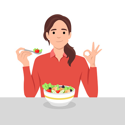 Young woman eating salads. Diet food for life. Healthy foods with benefits. Healthy and vegan food concept. Flat vector illustration isolated on white background