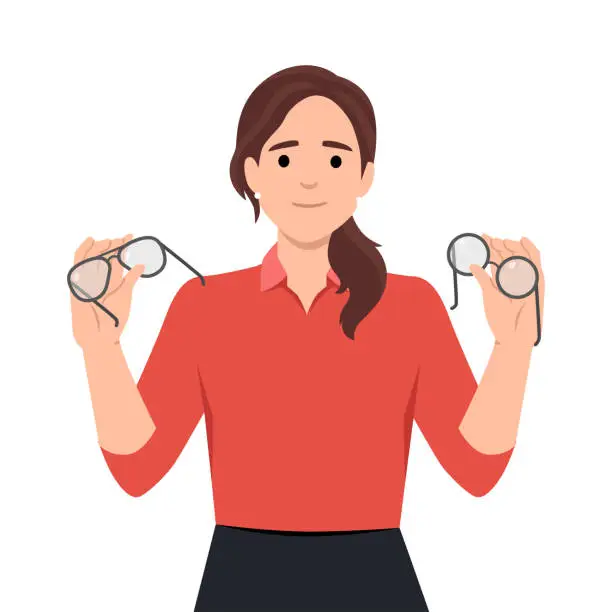 Vector illustration of Woman holds glasses and lenses in hands choosing convenient and useful product for eye care. Portrait of smiling girl ophthalmologist offering various ways to improve vision