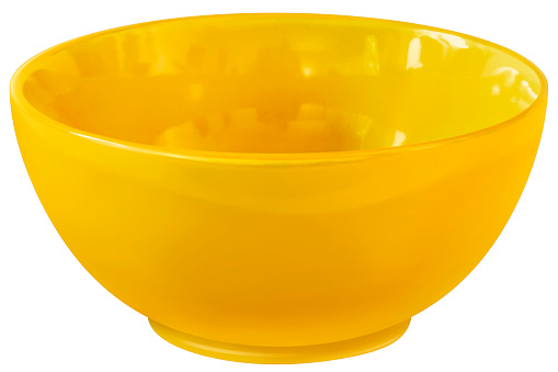 Empty yellow ceramic Soup Bowl, isolated on white background, side view.