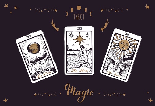 Magic Tarot deck vector background with major arcana: the moon, star, sun. Occult and fortune telling concept. Vector hand drawn vintage style